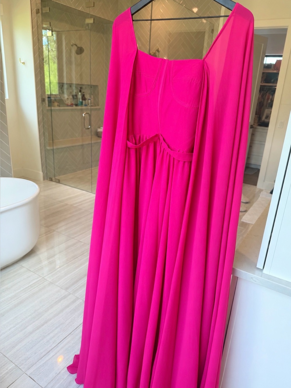 NWT Hot Pink/Fuchsia Formal Maxi Dress with Cape Sleeves – Size Large